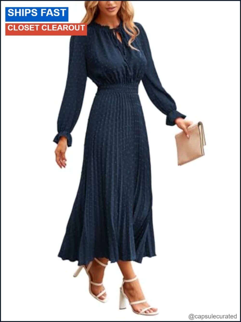 PRETTYGARDEN Women's Swiss Dot Midi Dress Long Sleeve Tie V Neck A Line